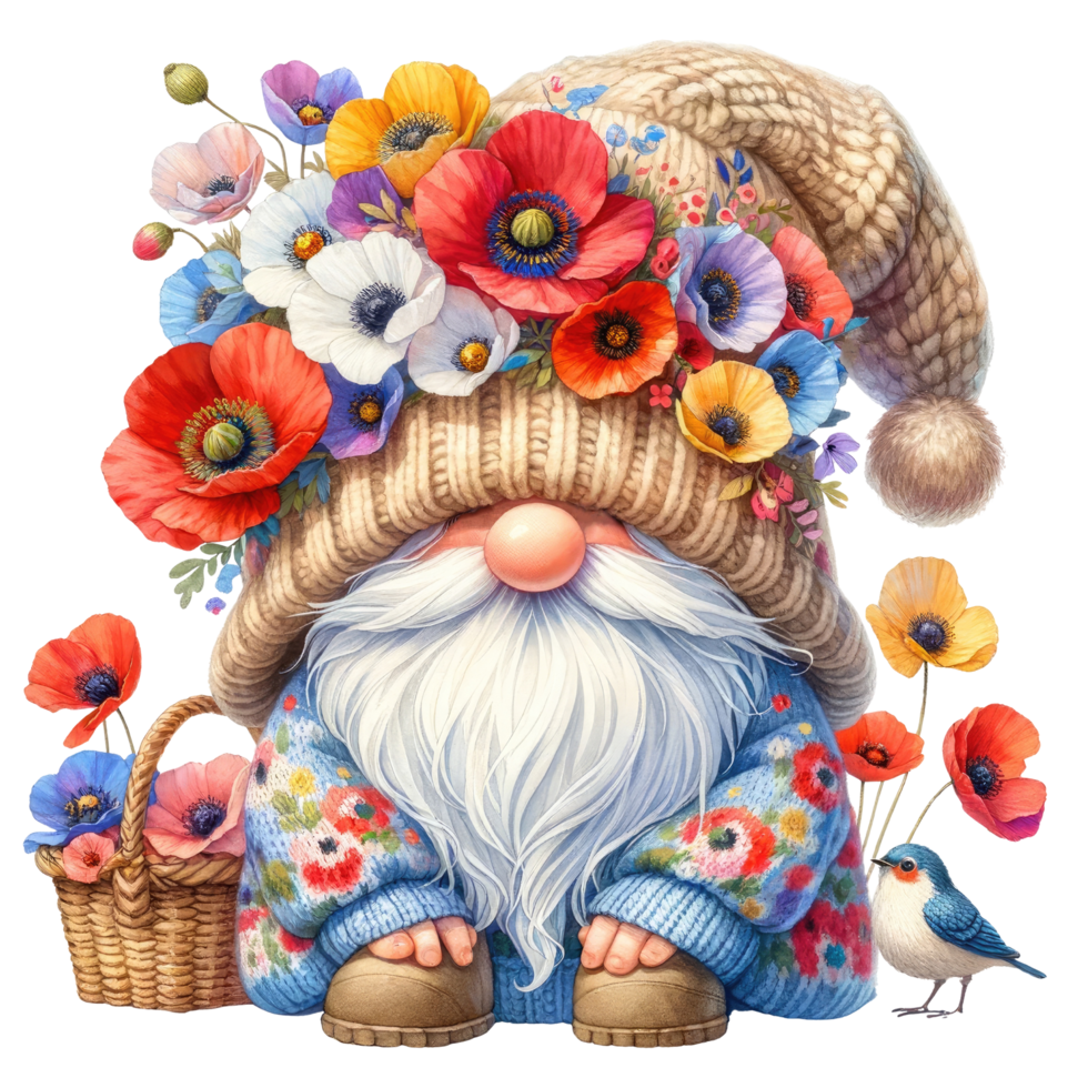 Floral Gnome with Poppy flowers Illustration png