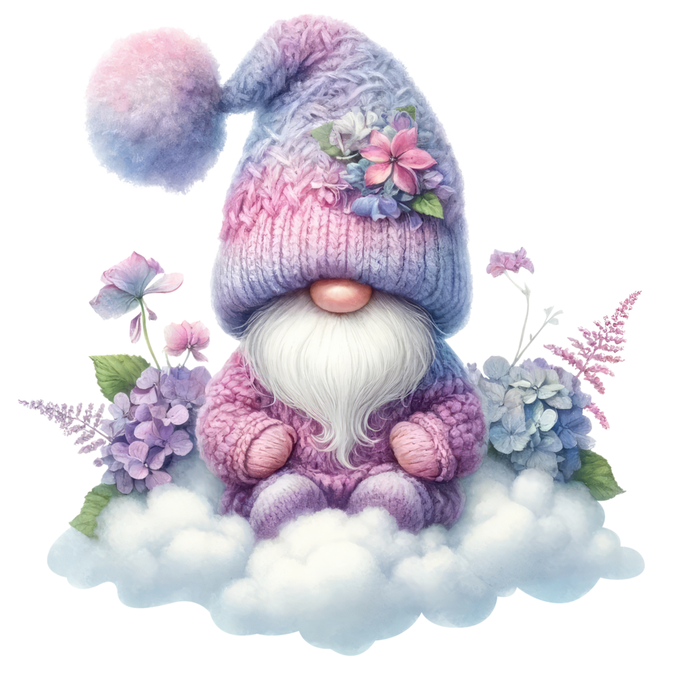 Garden Gnome with Hydrangeas Illustration. png