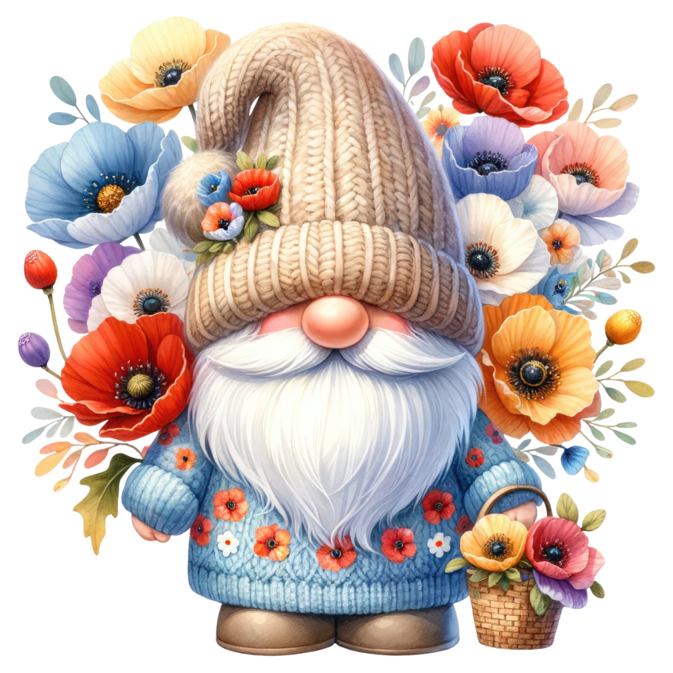 Floral Gnome with Poppy flowers Illustration png