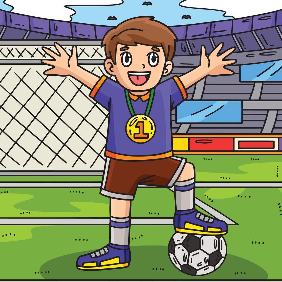 fútbol chico vistiendo un medalla de colores dibujos animados vector