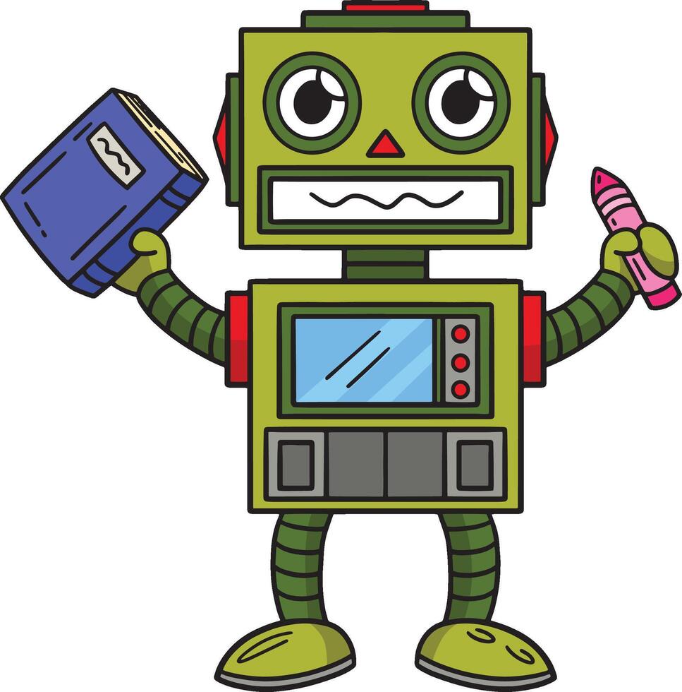 Robot with Book and Pencil Cartoon Colored Clipart vector