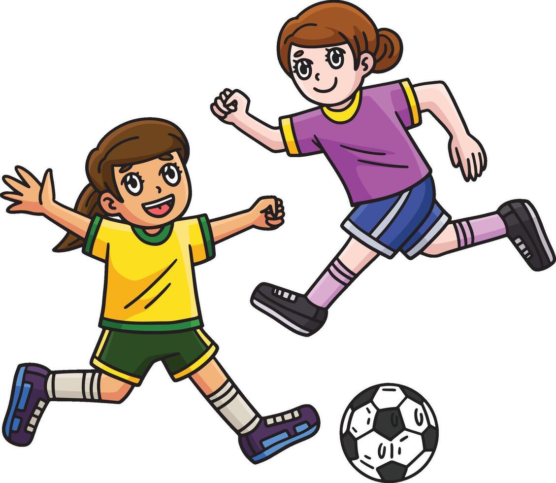 Girls Playing Soccer Cartoon Colored Clipart vector