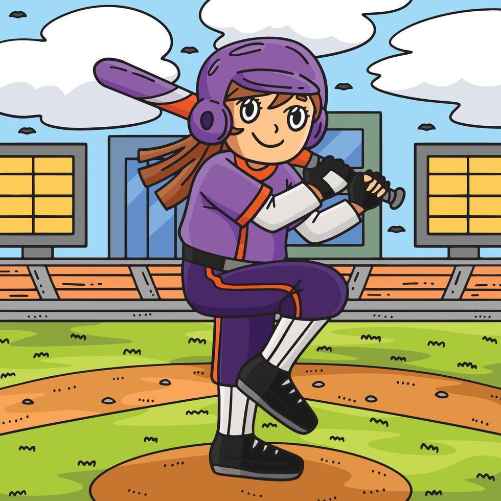 Girl Bracing Baseball Bat Colored Cartoon vector