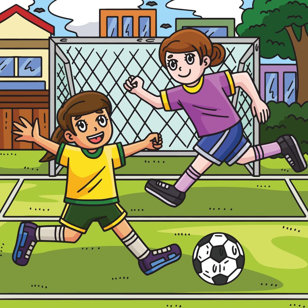 Girls Playing Soccer Colored Cartoon Illustration vector