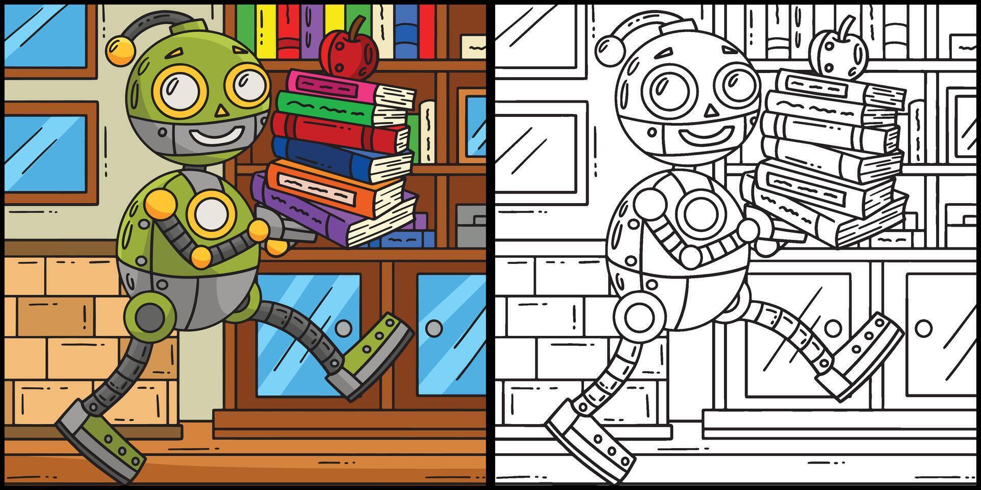 robot que lleva libros colorante página ilustración vector