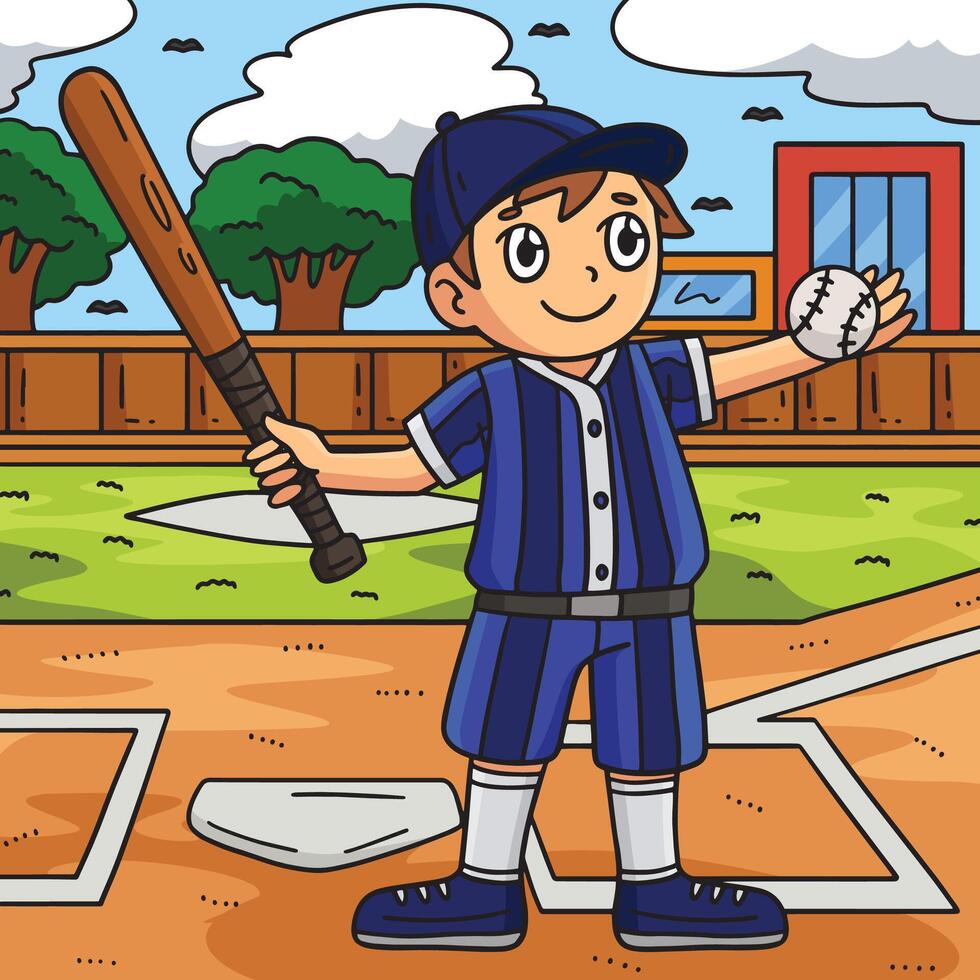 Boy Wearing Baseball Helmet Colored Cartoon vector