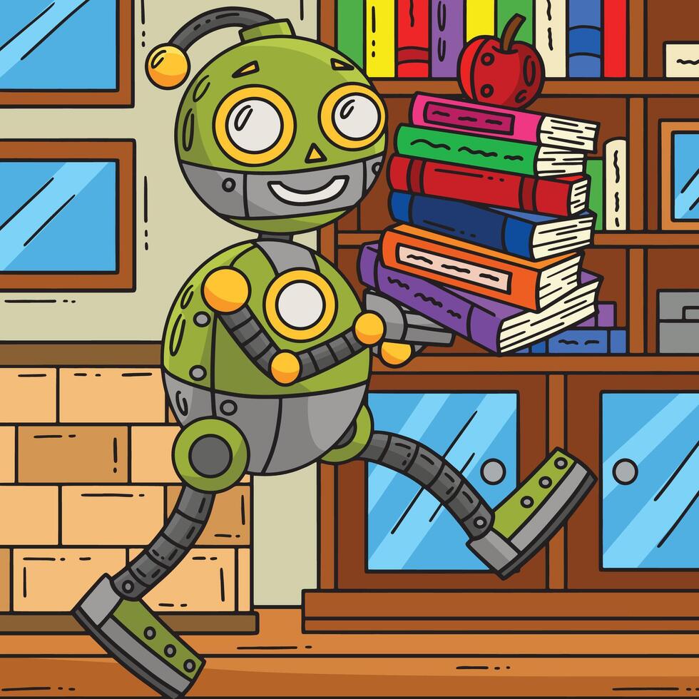 robot que lleva libros de colores dibujos animados vector