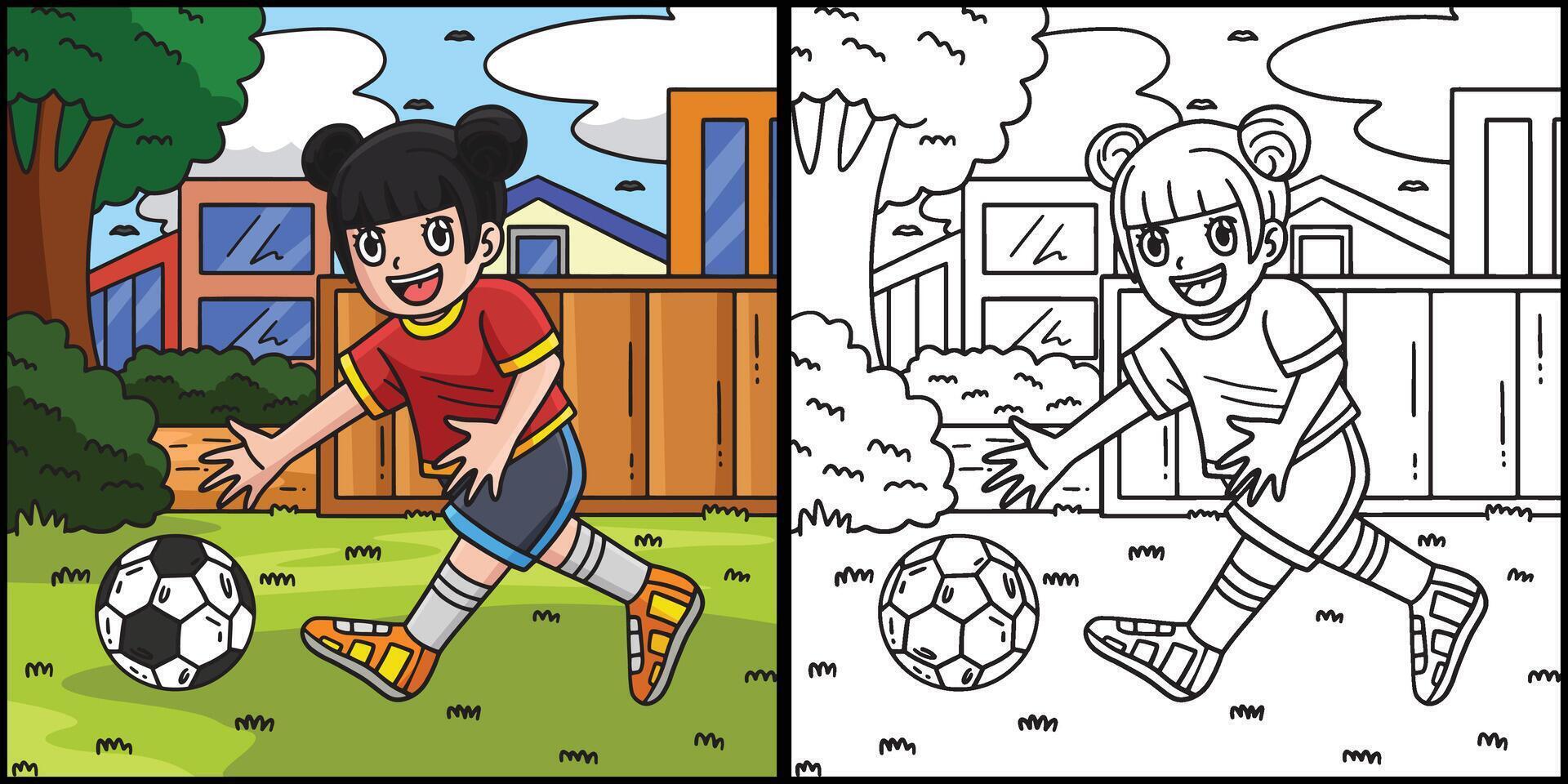 Girl Picking Soccer Ball Coloring Illustration vector