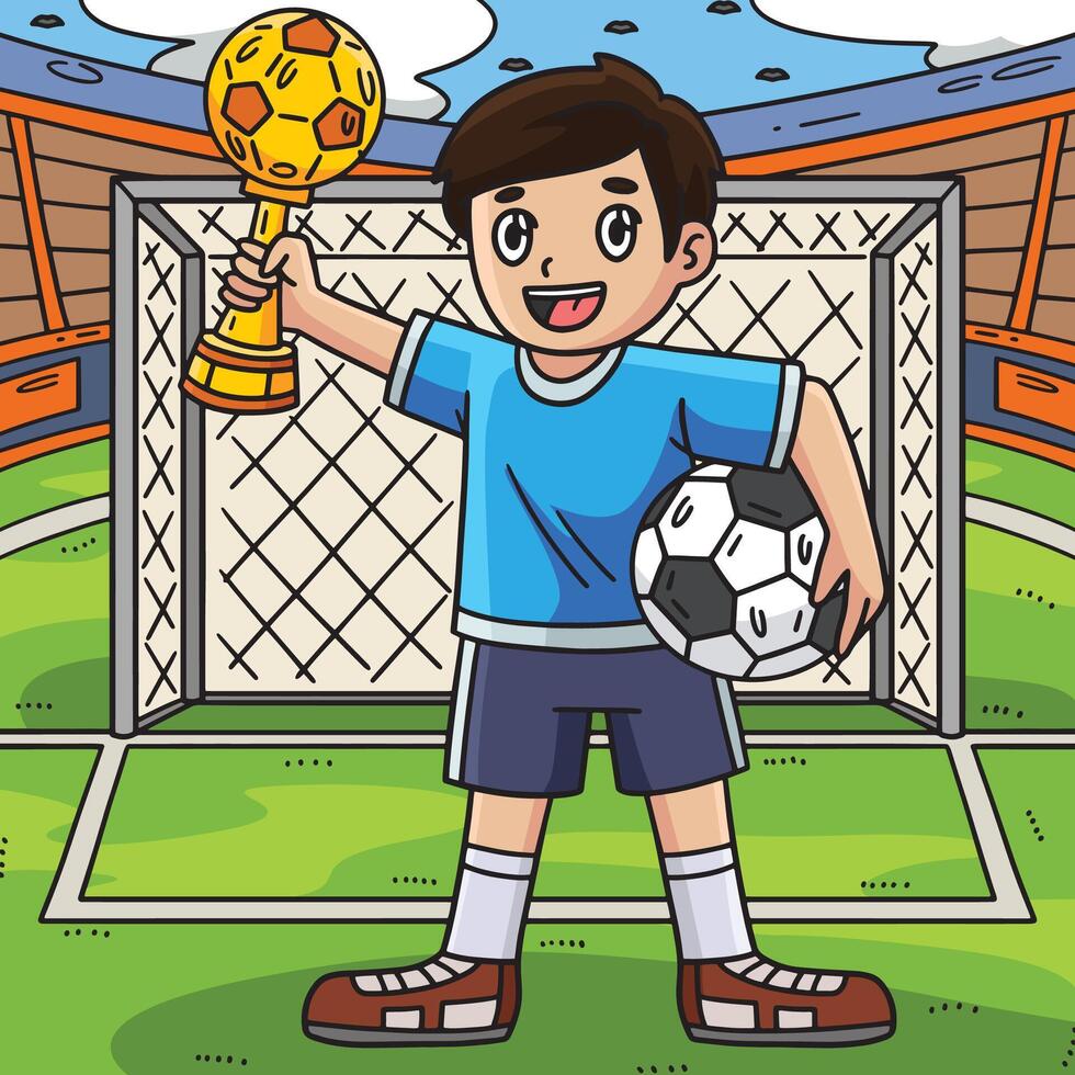 Boy with Soccer Trophy Colored Cartoon vector