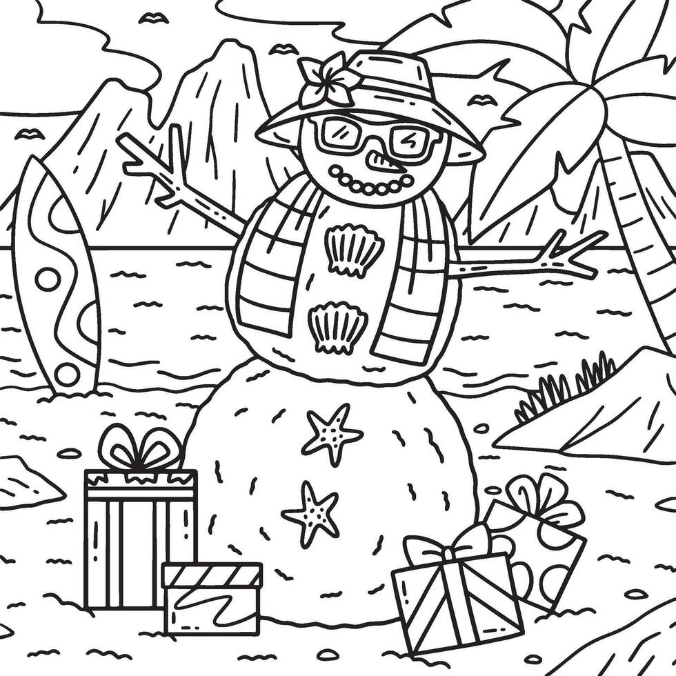 Christmas in July Beach Snowman Coloring Page vector