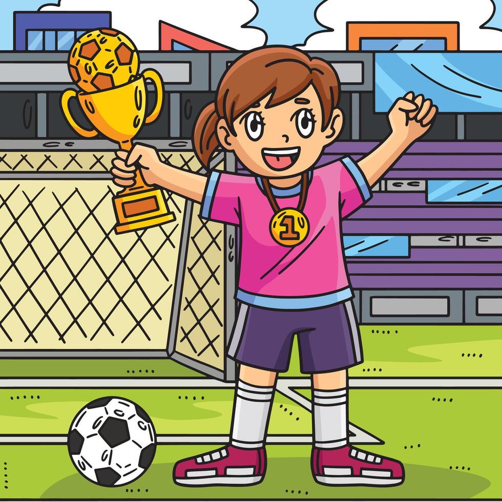 niña con fútbol trofeo y medalla de colores dibujos animados vector