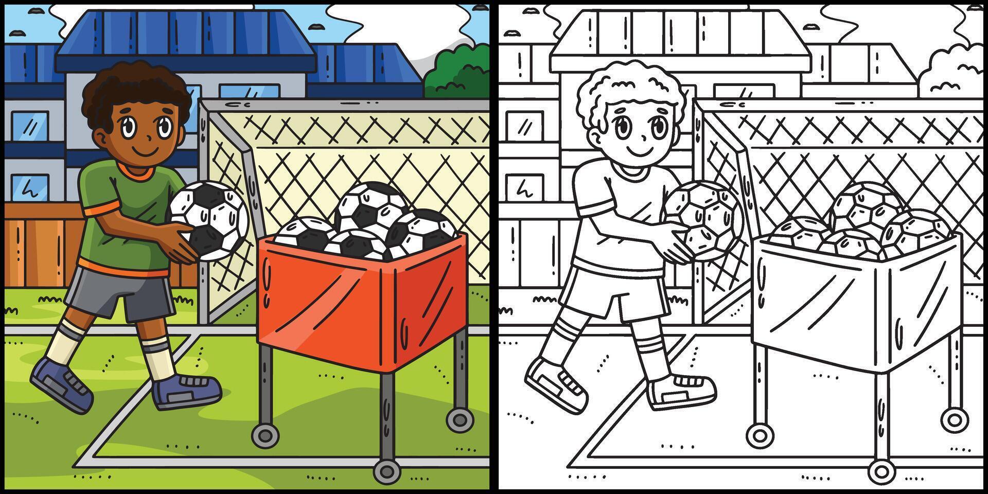 chico con fútbol pelota carro colorante ilustración vector