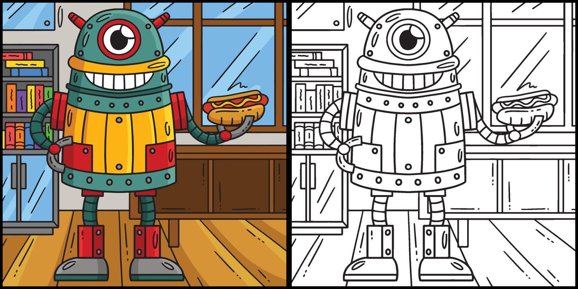 One Eyed Robot with Hotdog Coloring Illustration vector