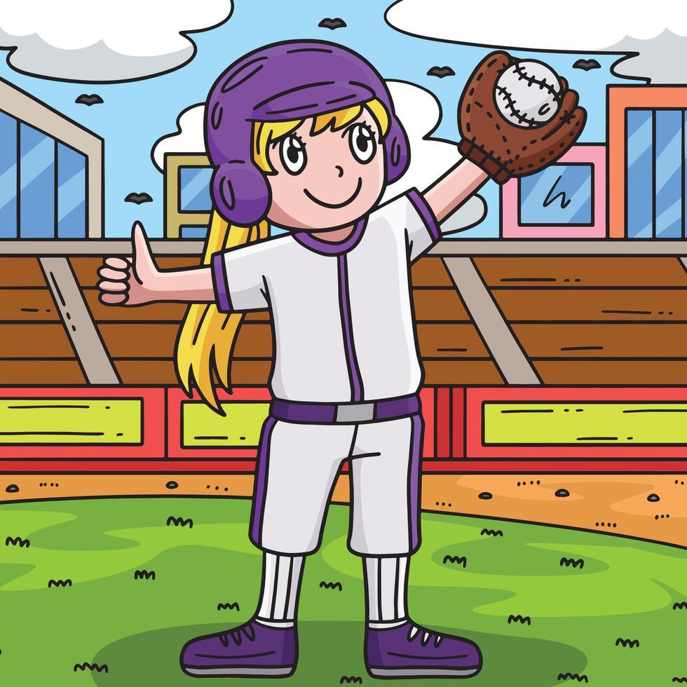 béisbol niña lanzador ondulación de colores dibujos animados vector