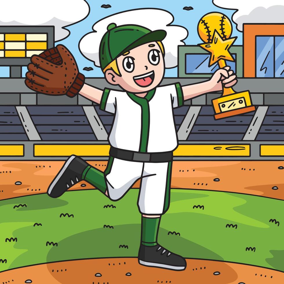 Boy with a Baseball Trophy Colored Cartoon vector