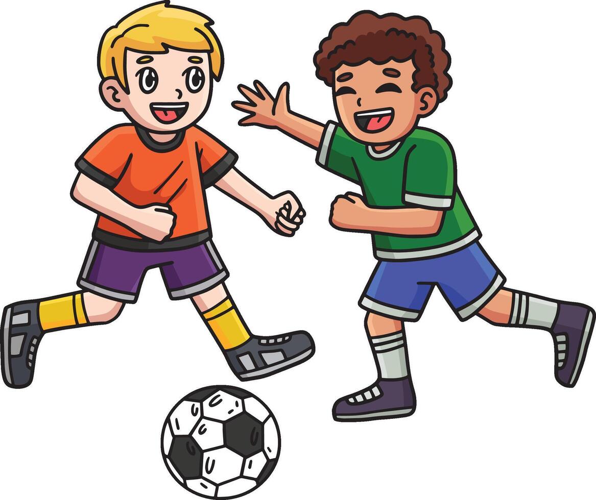 niños jugando fútbol dibujos animados de colores clipart vector