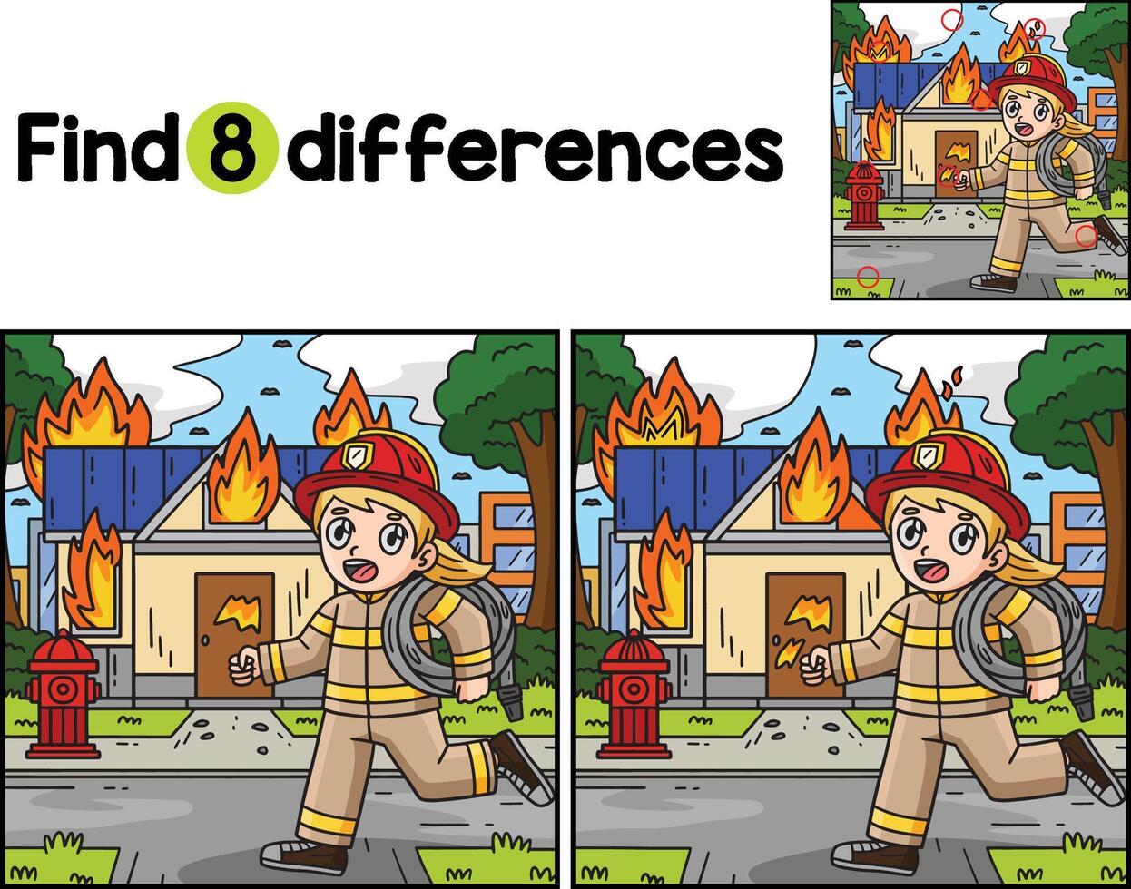 Firefighter Building on Fire Find The Differences vector