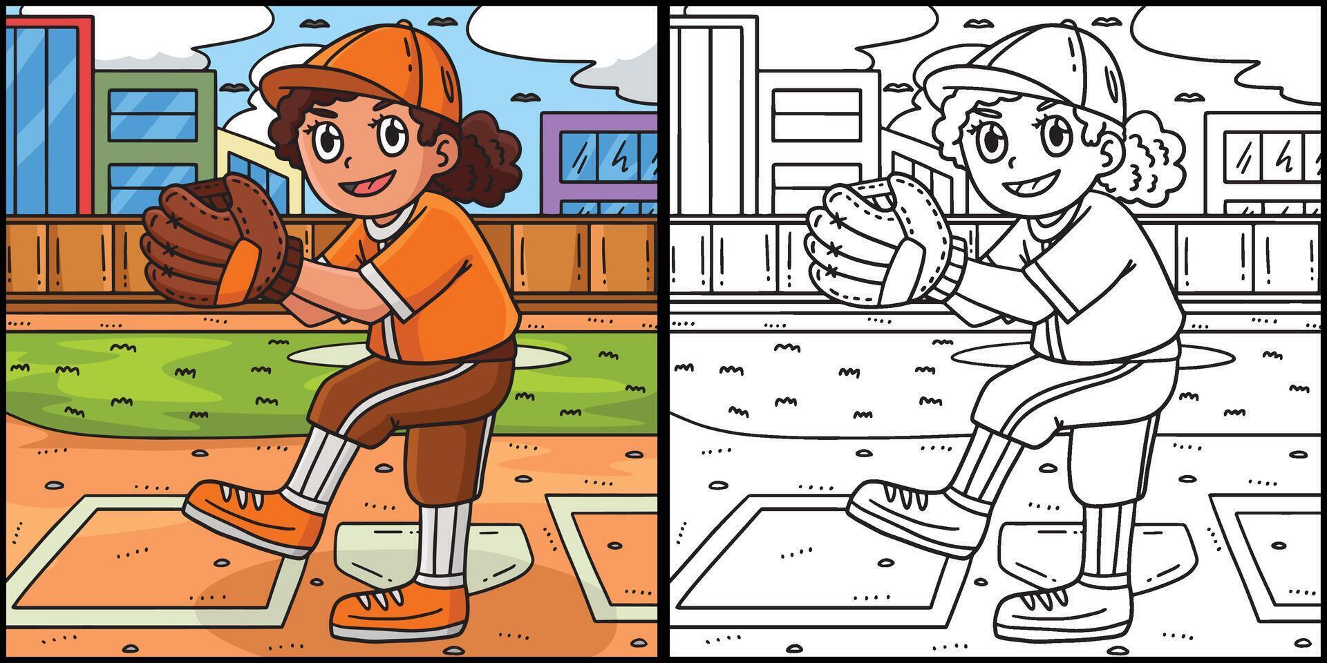 niña cabeceo béisbol colorante página ilustración vector