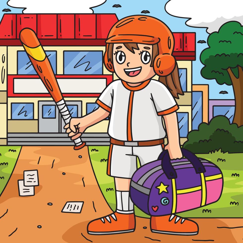 niña con un Deportes bolso y un béisbol murciélago de colores vector