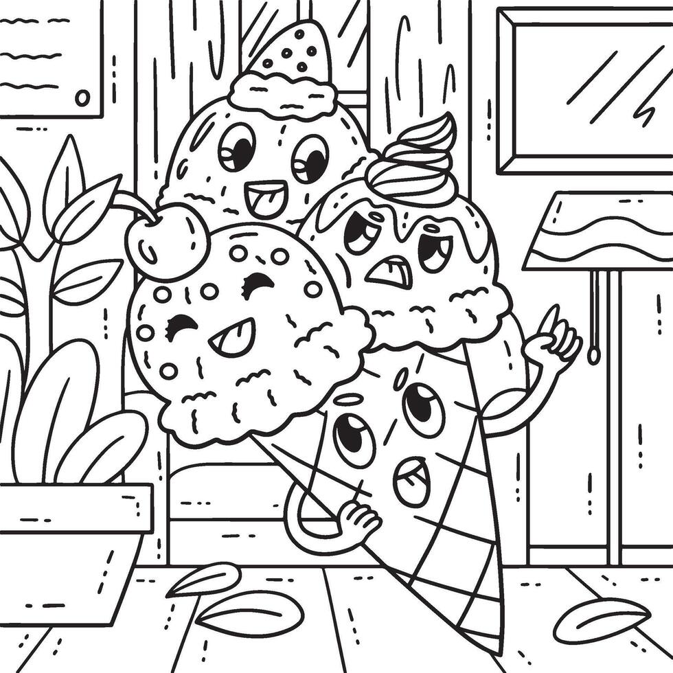 Triple Scoop Ice Cream Coloring Page for Kids vector