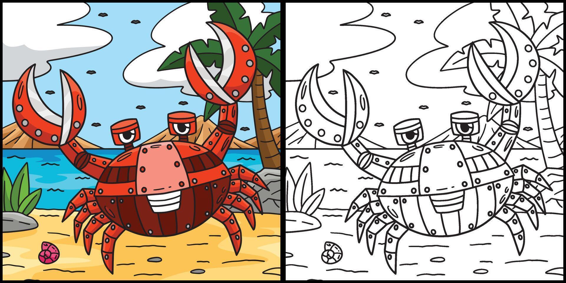 Robot Crab Coloring Page Colored Illustration vector