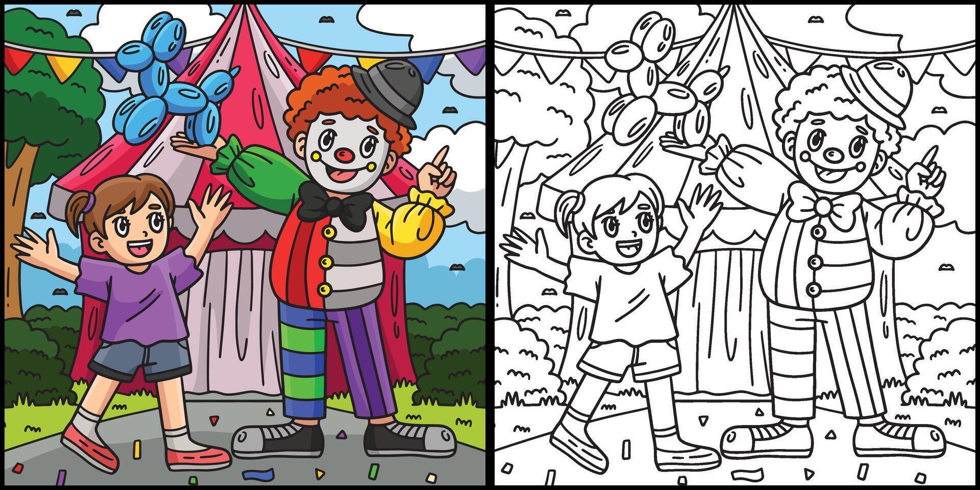 Circus Child and Clown Coloring Page Illustration vector