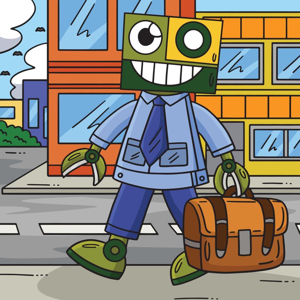 Robot in Suit and Briefcase Colored Cartoon vector