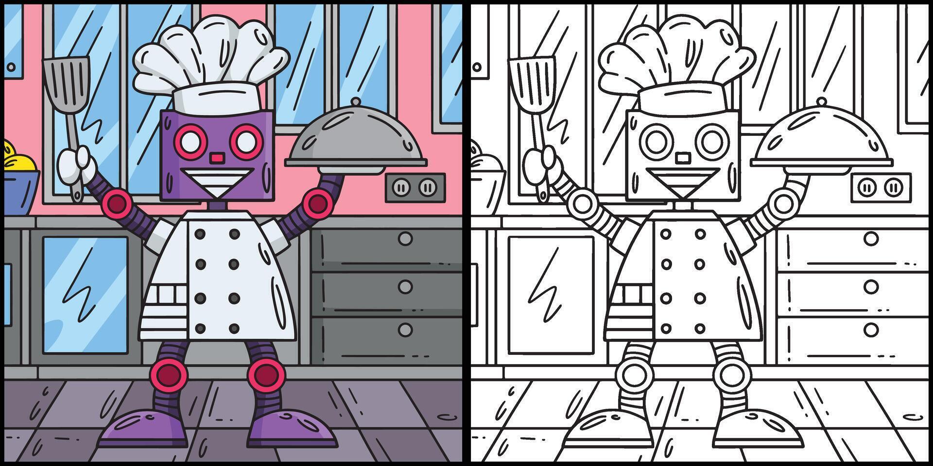 Robot Chef Coloring Page Colored Illustration vector