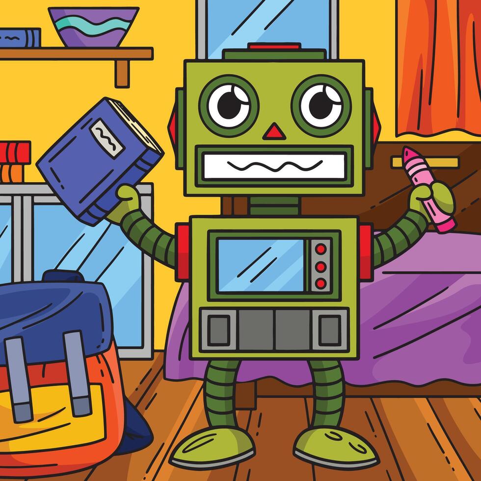 Robot with a Book and Pencil Colored Cartoon vector