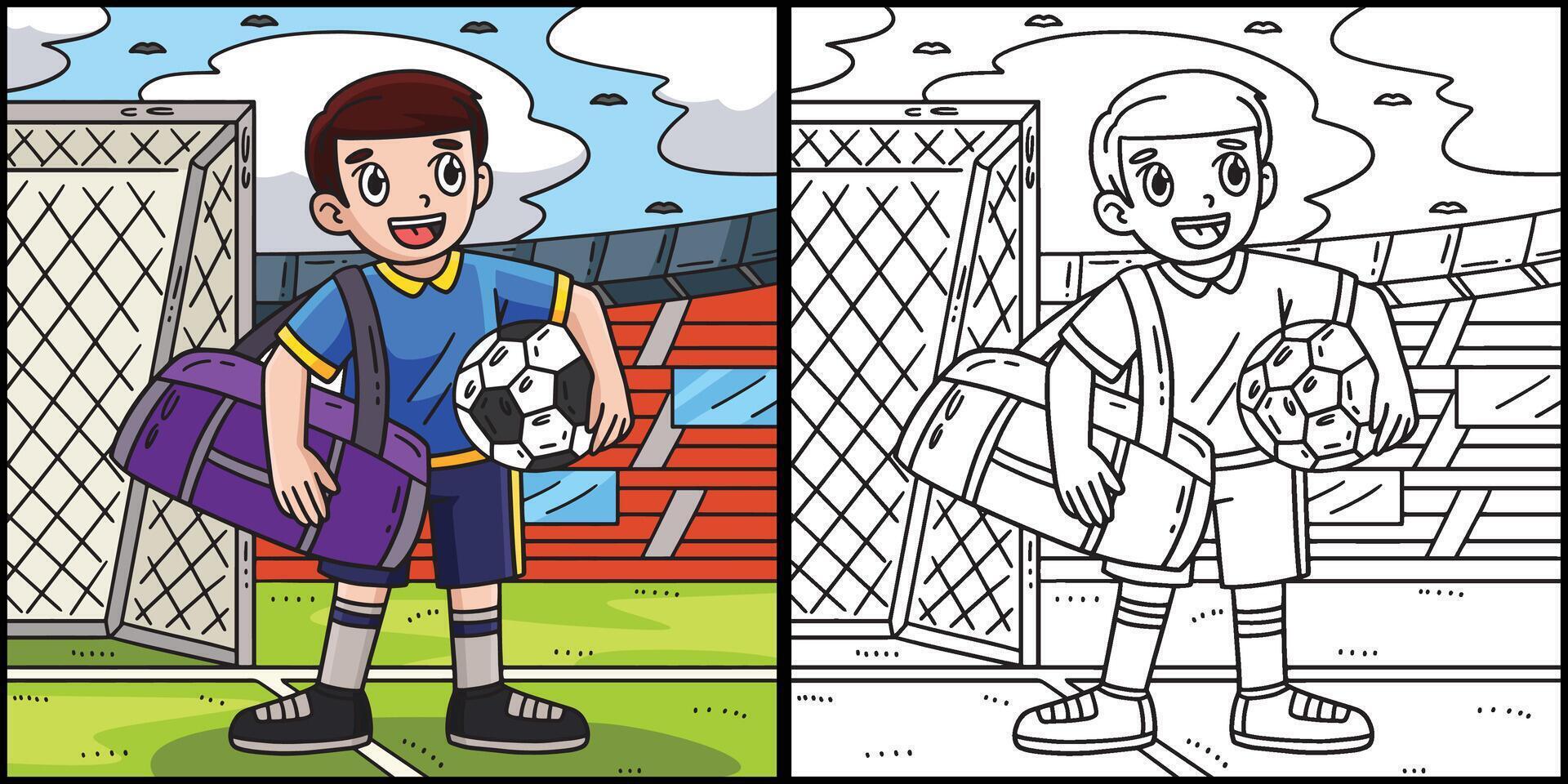 Soccer Boy with Sports Bag Coloring Illustration vector