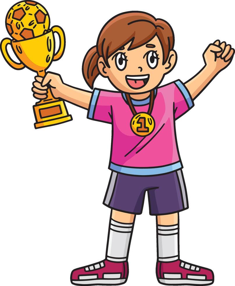 niña con fútbol trofeo y medalla dibujos animados clipart vector