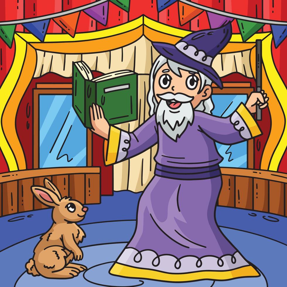 Circus Wizard with Rabbit Colored Cartoon vector