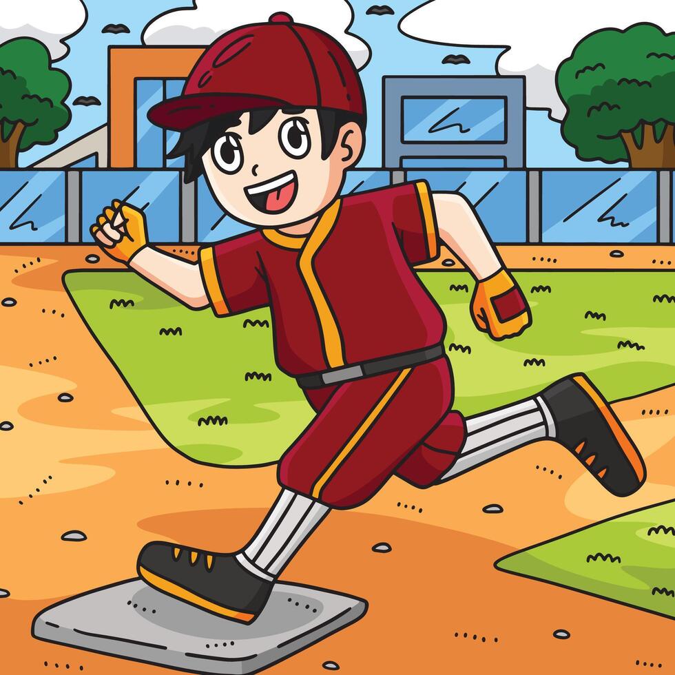 Baseball Boy Reaching Base Colored Cartoon vector