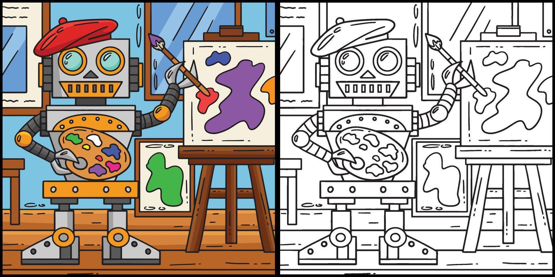 Robot Painter Coloring Page Colored Illustration vector