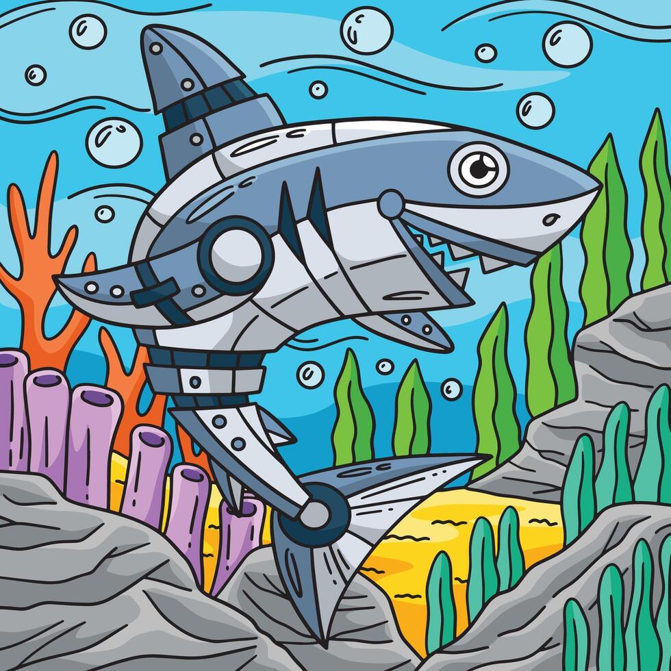 Robot Shark Colored Cartoon Illustration vector