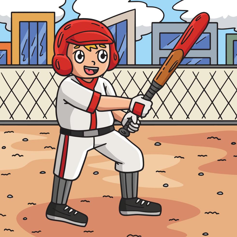 Boy Playing Baseball Colored Cartoon Illustration vector