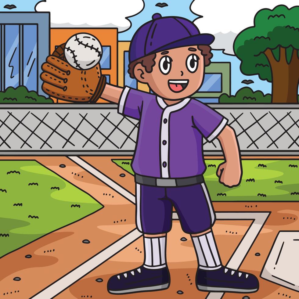 Boy Raising Baseball Colored Cartoon Illustration vector