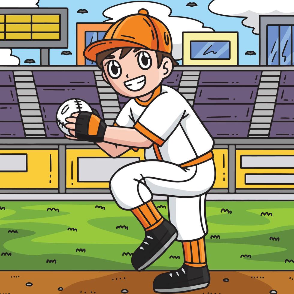 Boy Pitching Baseball Colored Cartoon Illustration vector