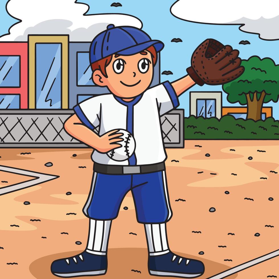 Baseball Boy Pitcher Colored Cartoon Illustration vector