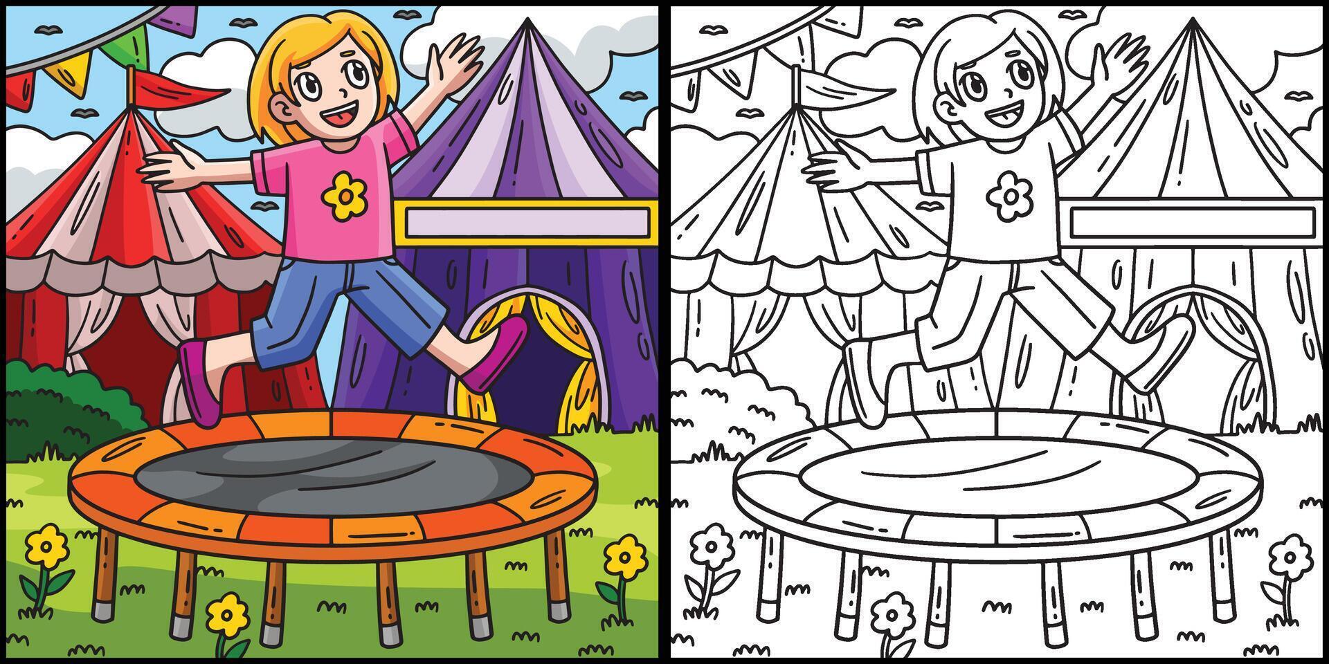 circo niño y trampolín colorante ilustración vector