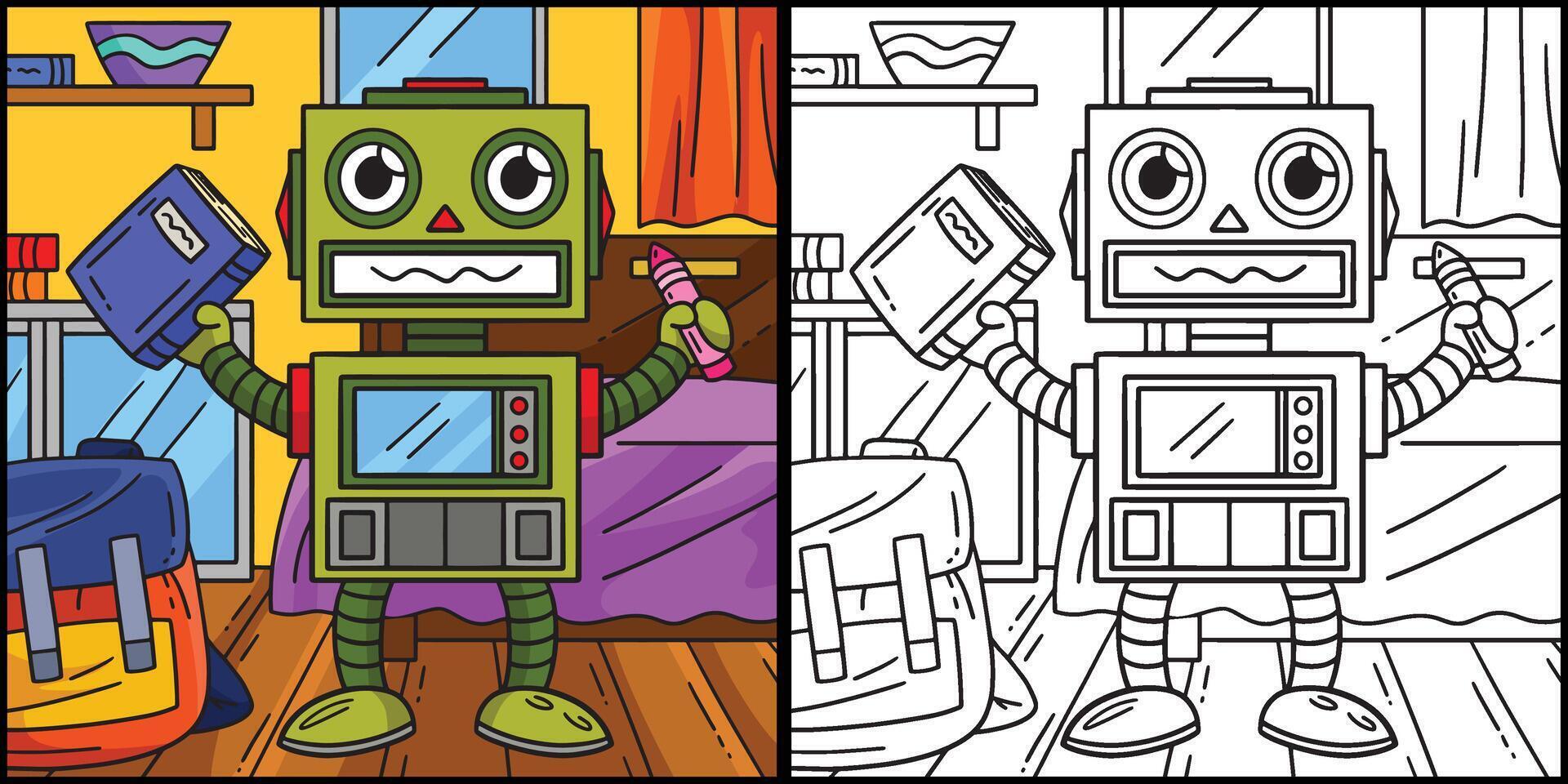 Robot with a Book and Pencil Coloring Illustration vector