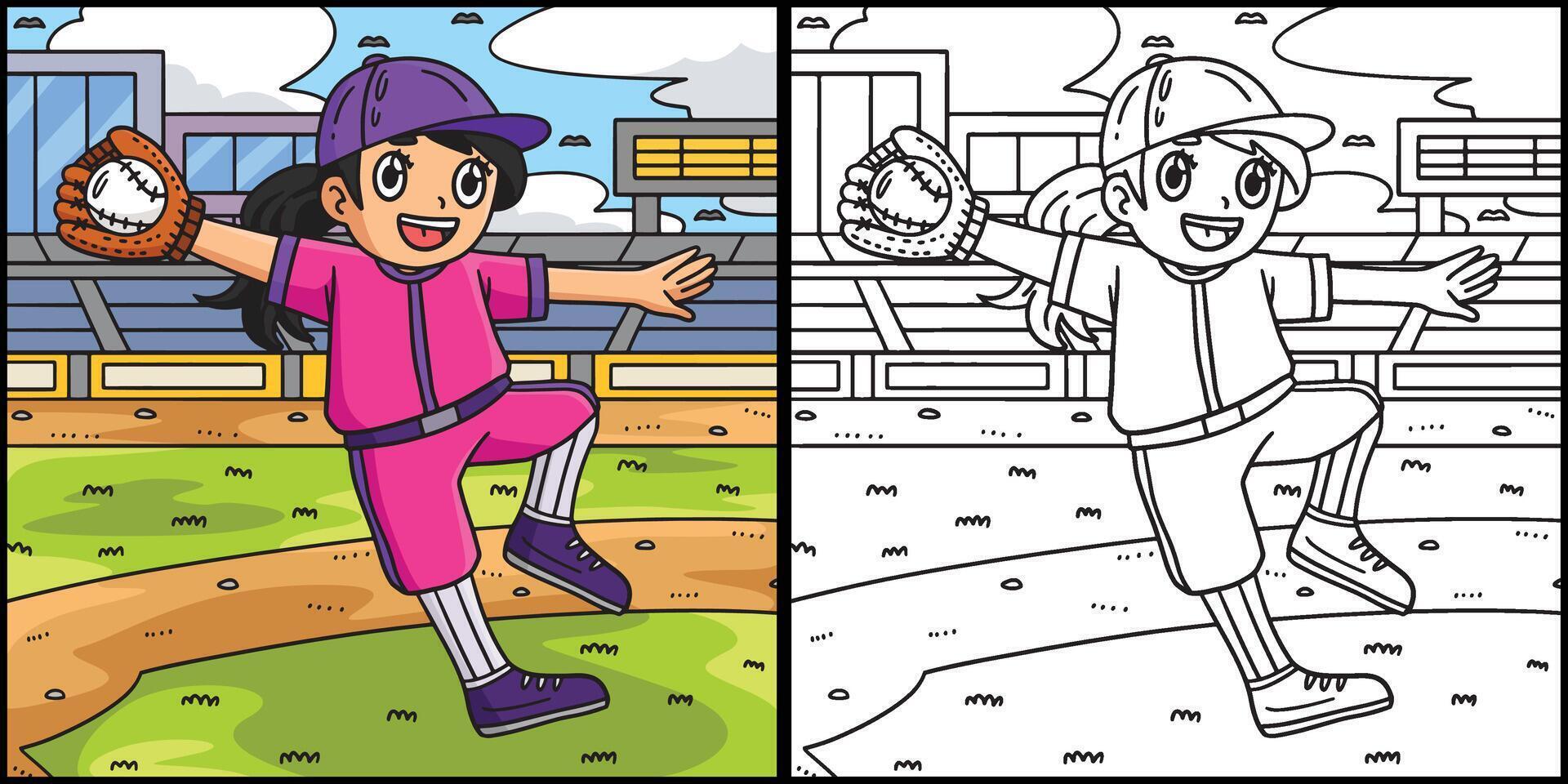 Girl Catching Baseball Coloring Page Illustration vector