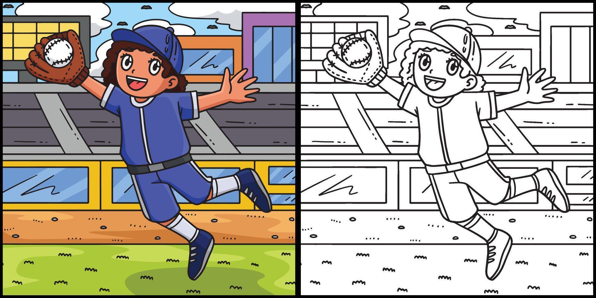 niña fielder atrapando béisbol ilustración vector