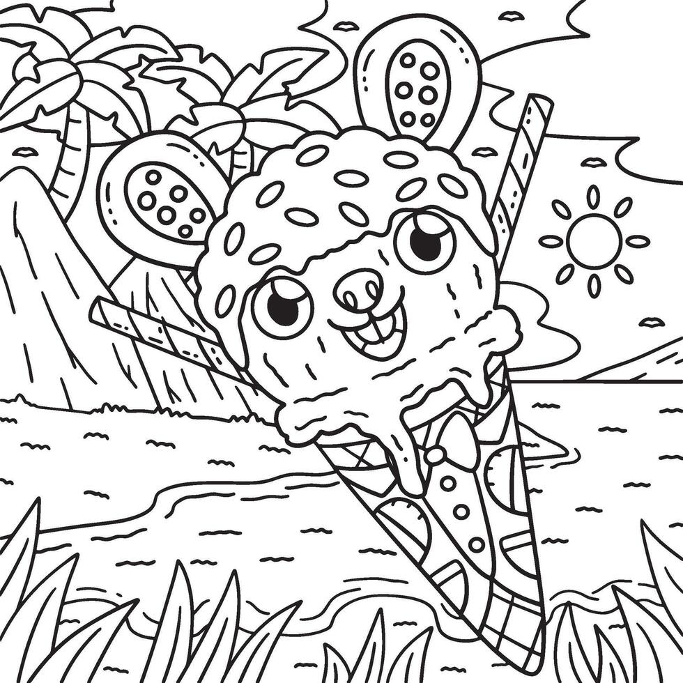 Ice Cream Rabbit Cone Coloring Page for Kids vector