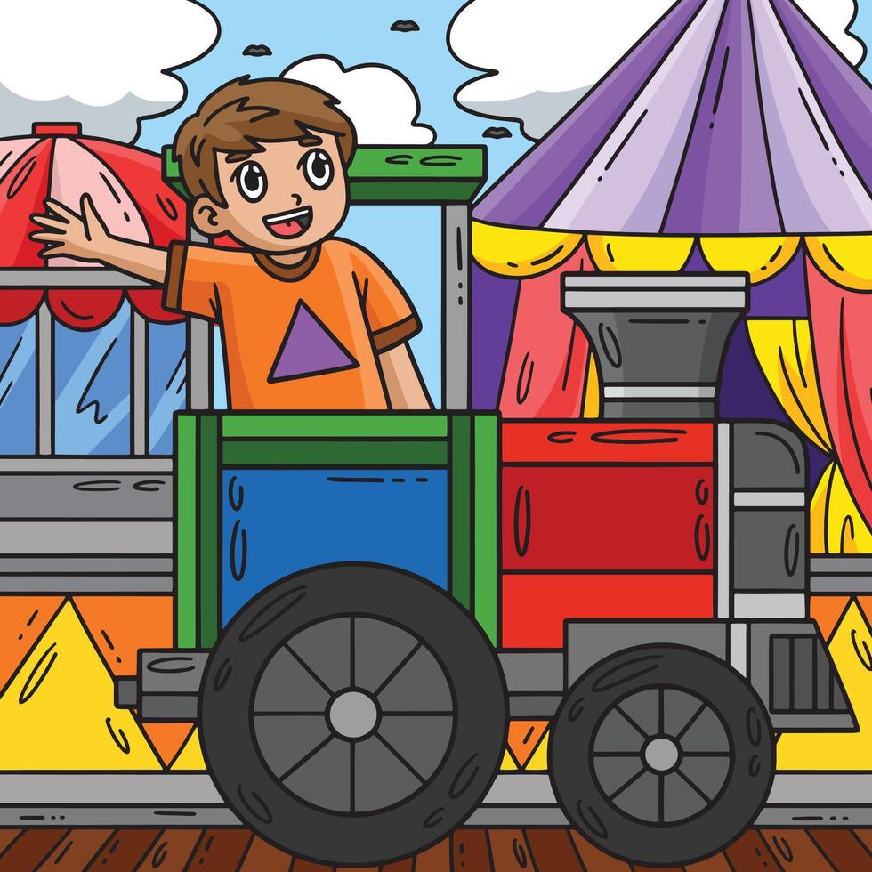 Circus Child in a Train Colored Cartoon vector