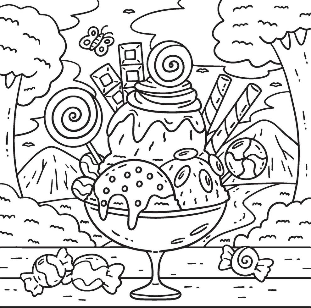 Ice Cream Parfait with Candies Coloring Page vector