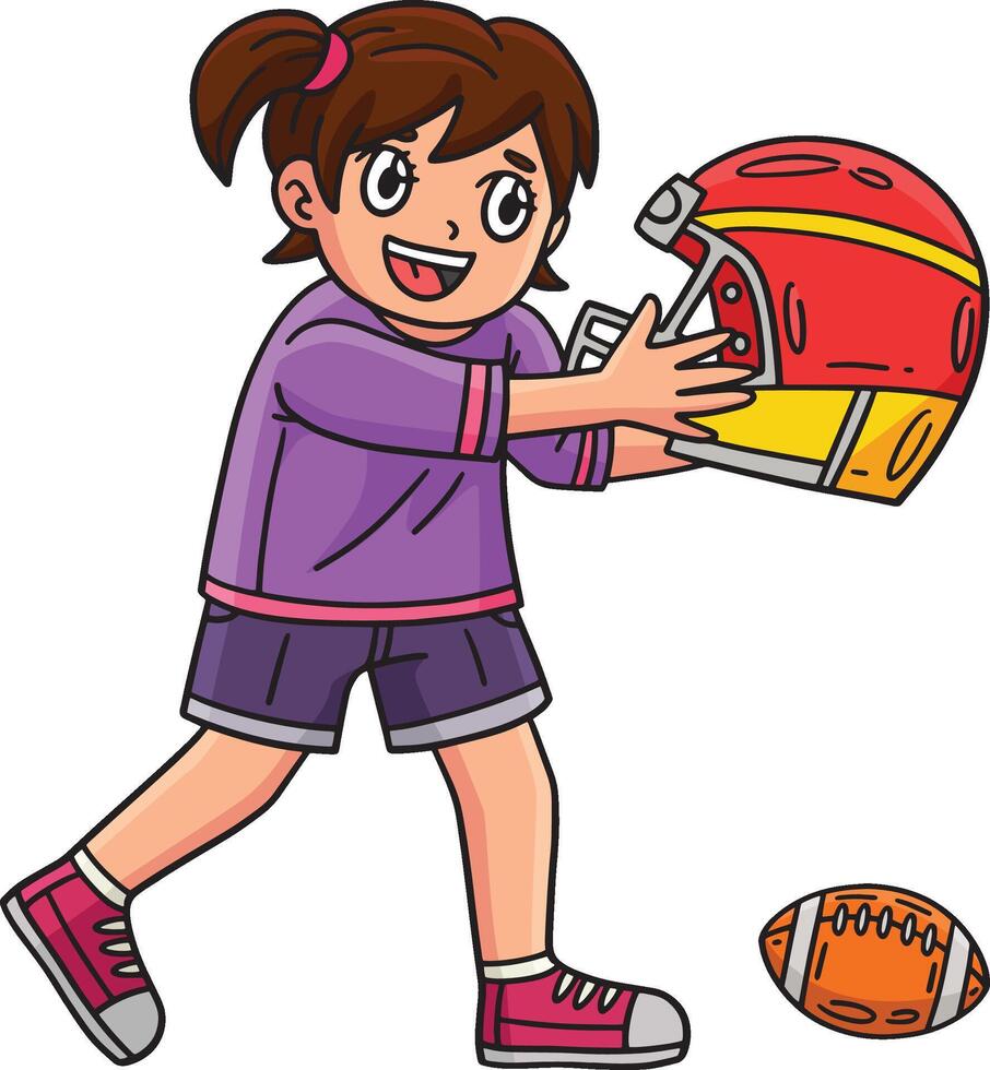 Girl with a Football Helmet Ball Cartoon Clipart vector