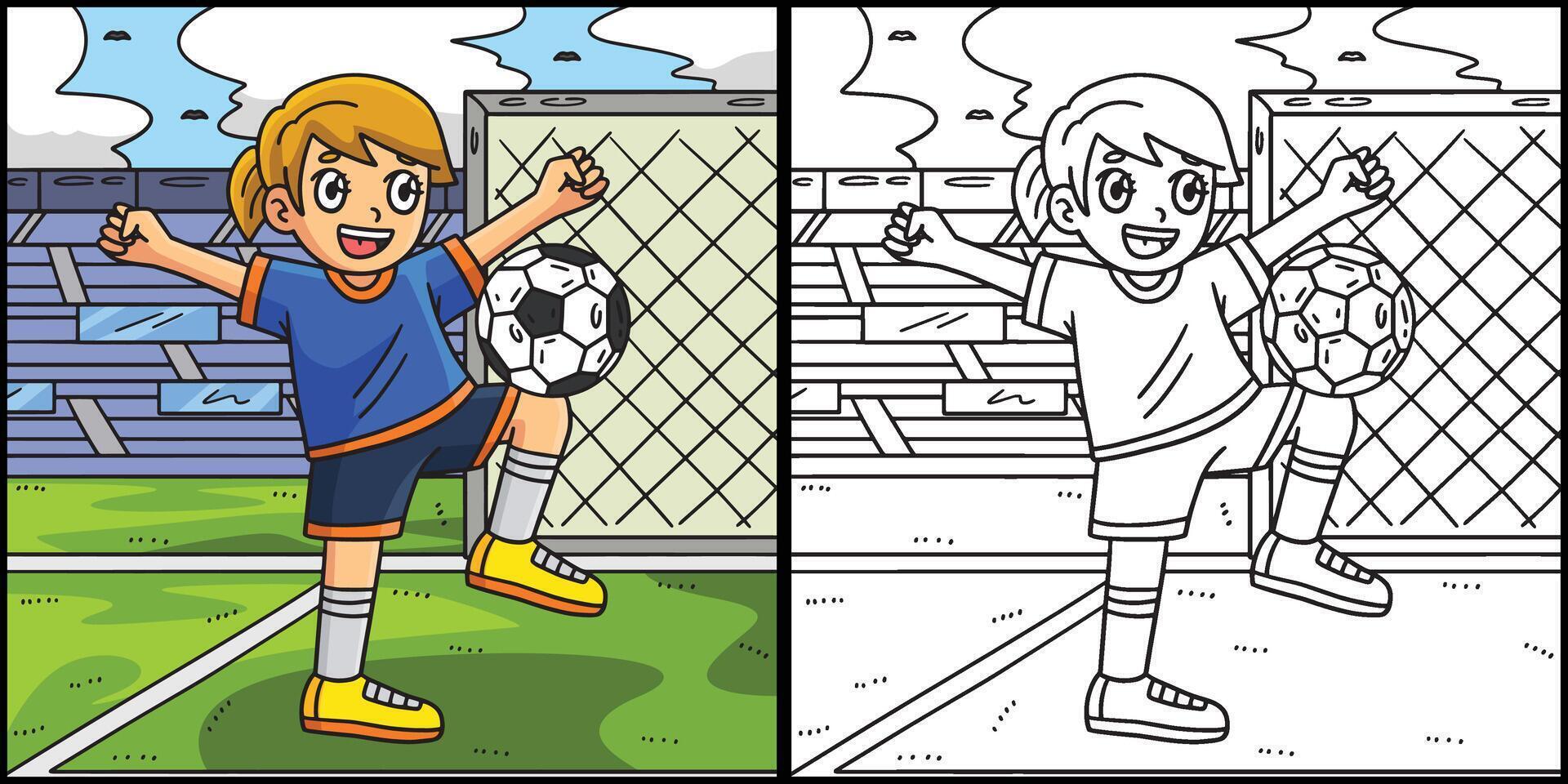 fútbol niña equilibrio pelota en rodilla ilustración vector