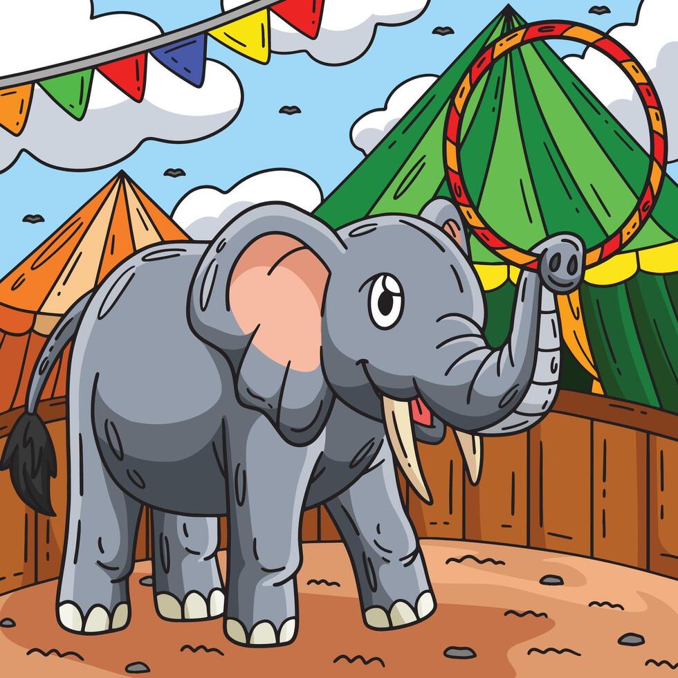 Circus Elephant with Hula Hoop Colored Cartoon vector