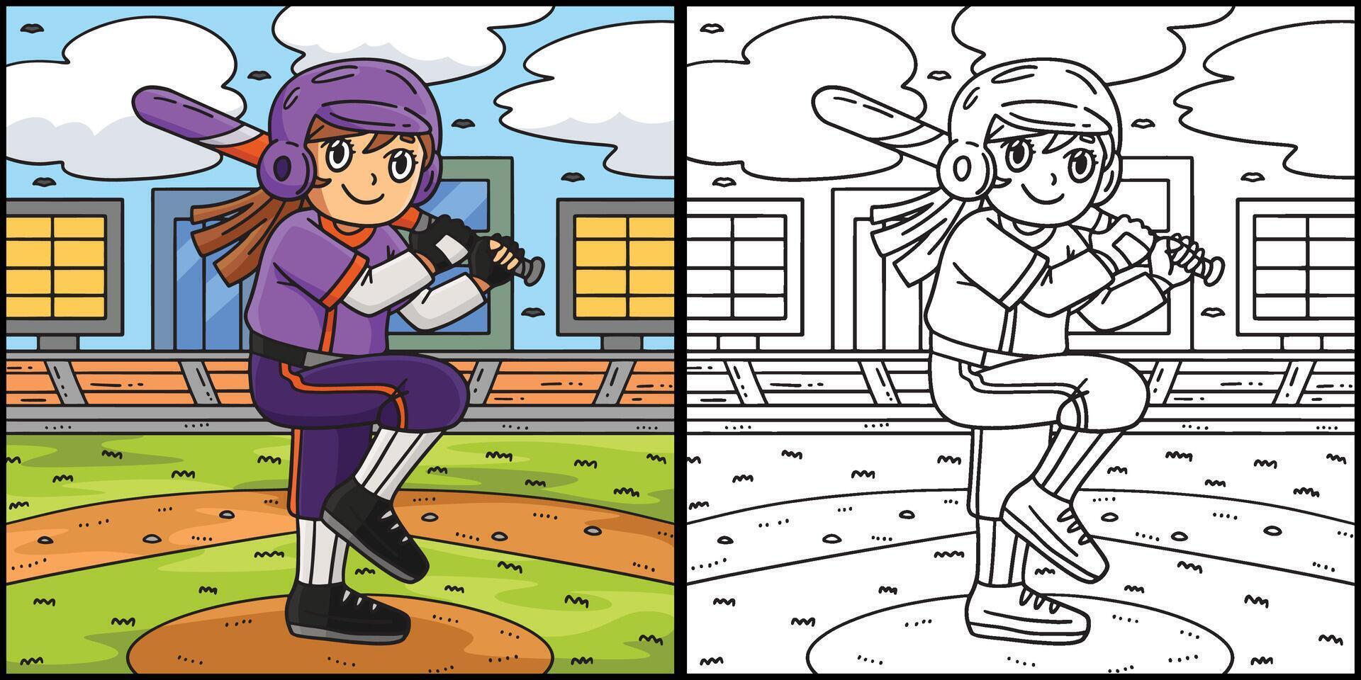 Girl Bracing Baseball Bat Coloring Illustration vector